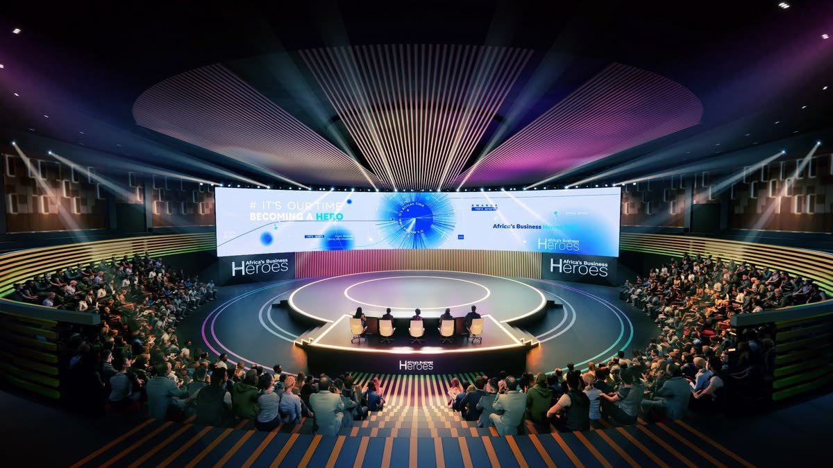Conference arena with a curved stage and audience